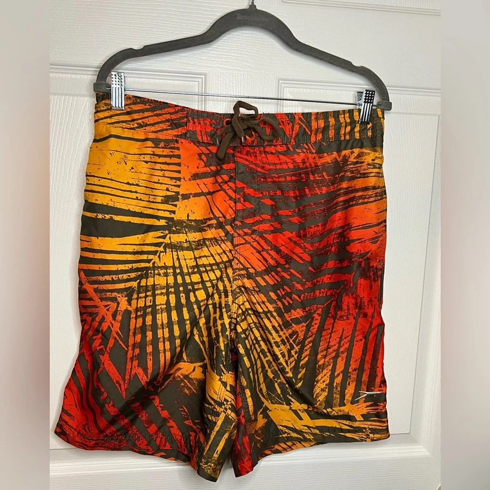 Speedo Menโs Swim Trunks Orange Yellow Tropical Print Size Medium GUC